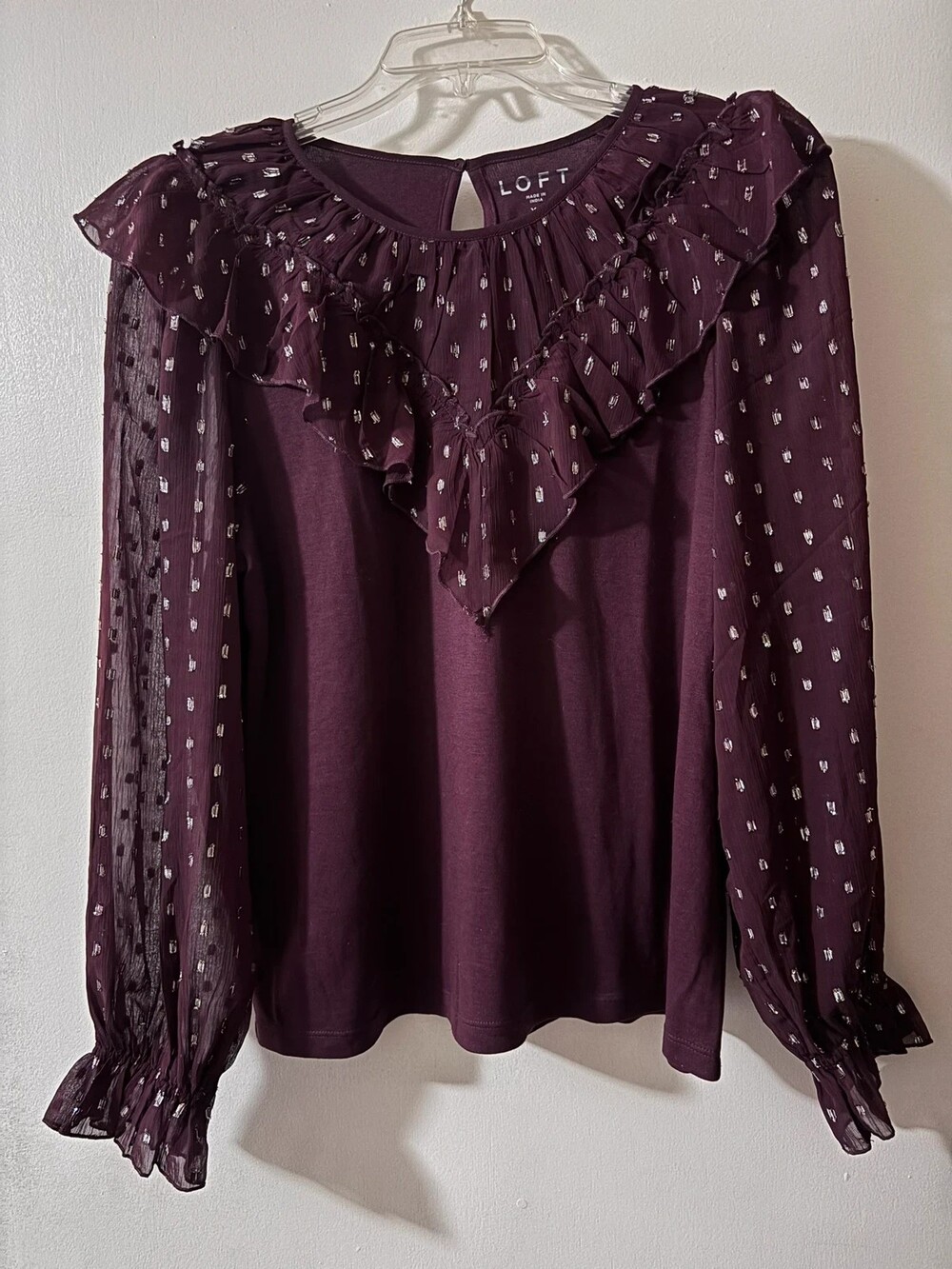 LOFT Plum Shimmer Ruffle Blouse Size XL